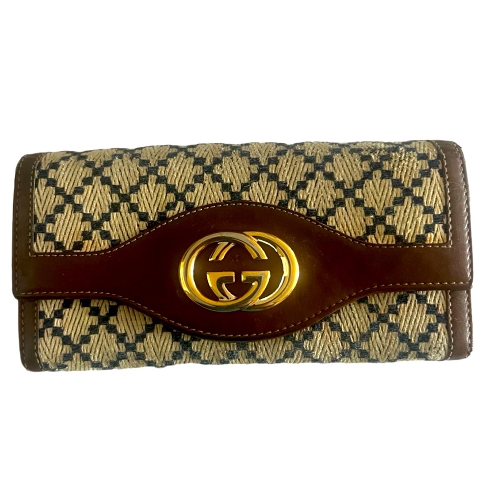Gucci Brown Leather and Beige Woven GG Wallet with Gold Hardware